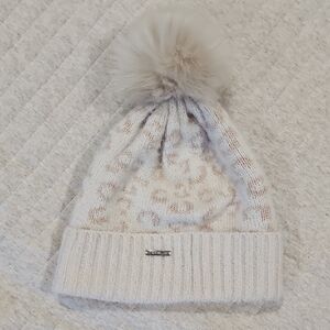 Steve Madden Creamy Pink Leopard Print Pom-Pom Beanie
